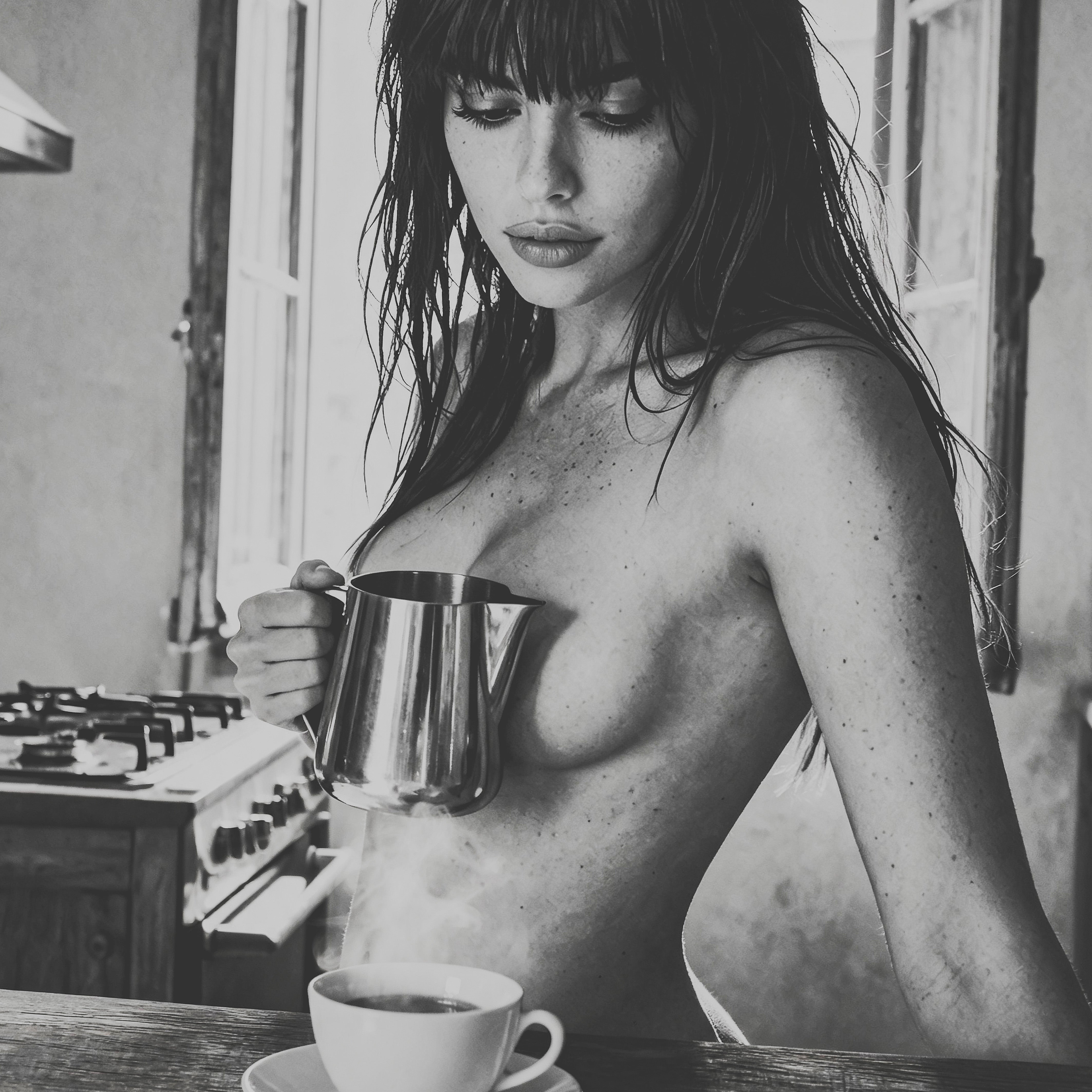 Schwarz-weiße Editorial Fine Art Fotografie einer Frau in einer italienischen Küche mit Espresso und cineastischer Vogue-Ästhetik im Stil moderner Fine Art Nude Photography.