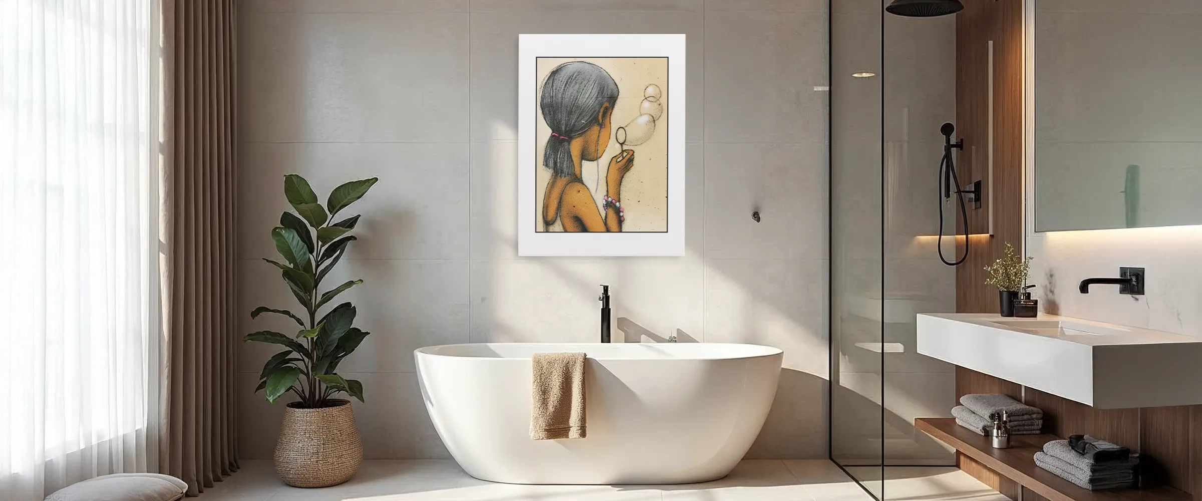 Inspiration - Modernes Badezimmer mit XXL Leinwandbild Seifenblasen Motiven