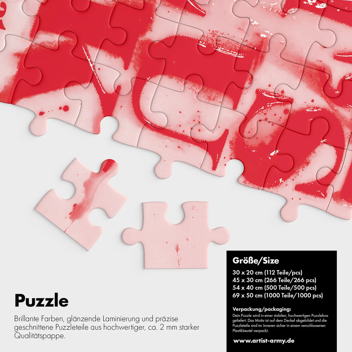 Fet’s Luck Puzzle Detail mit roter Typografie auf rosa Hintergrund