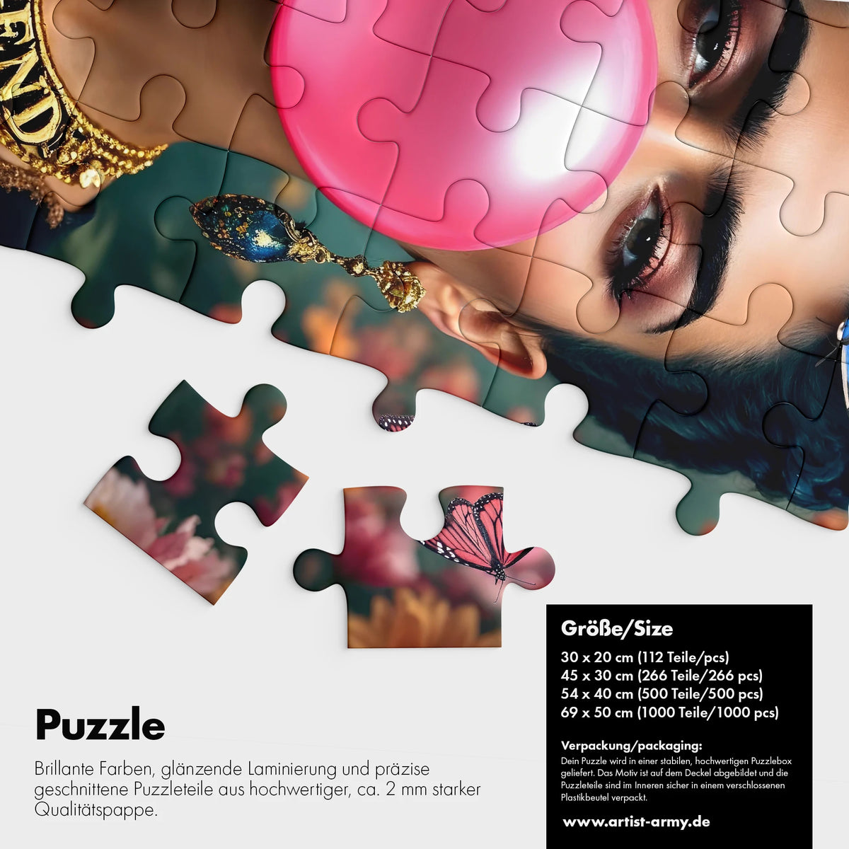 Frida Kahlo Puzzle Detail mit pinker Bubblegum-Blase und Schmetterlingen