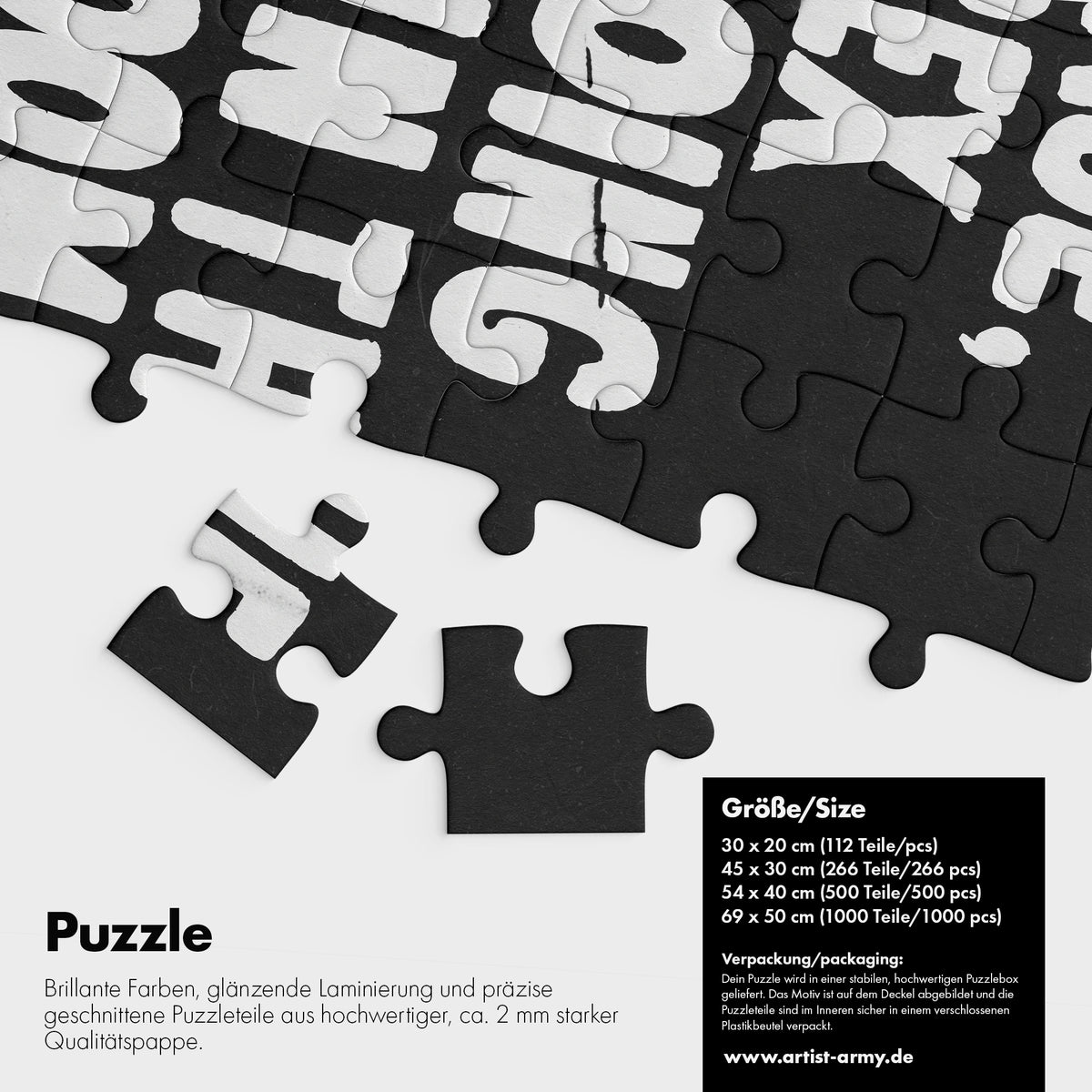 Please Puzzle Detail mit schwarzer Fläche und weißer Typografie