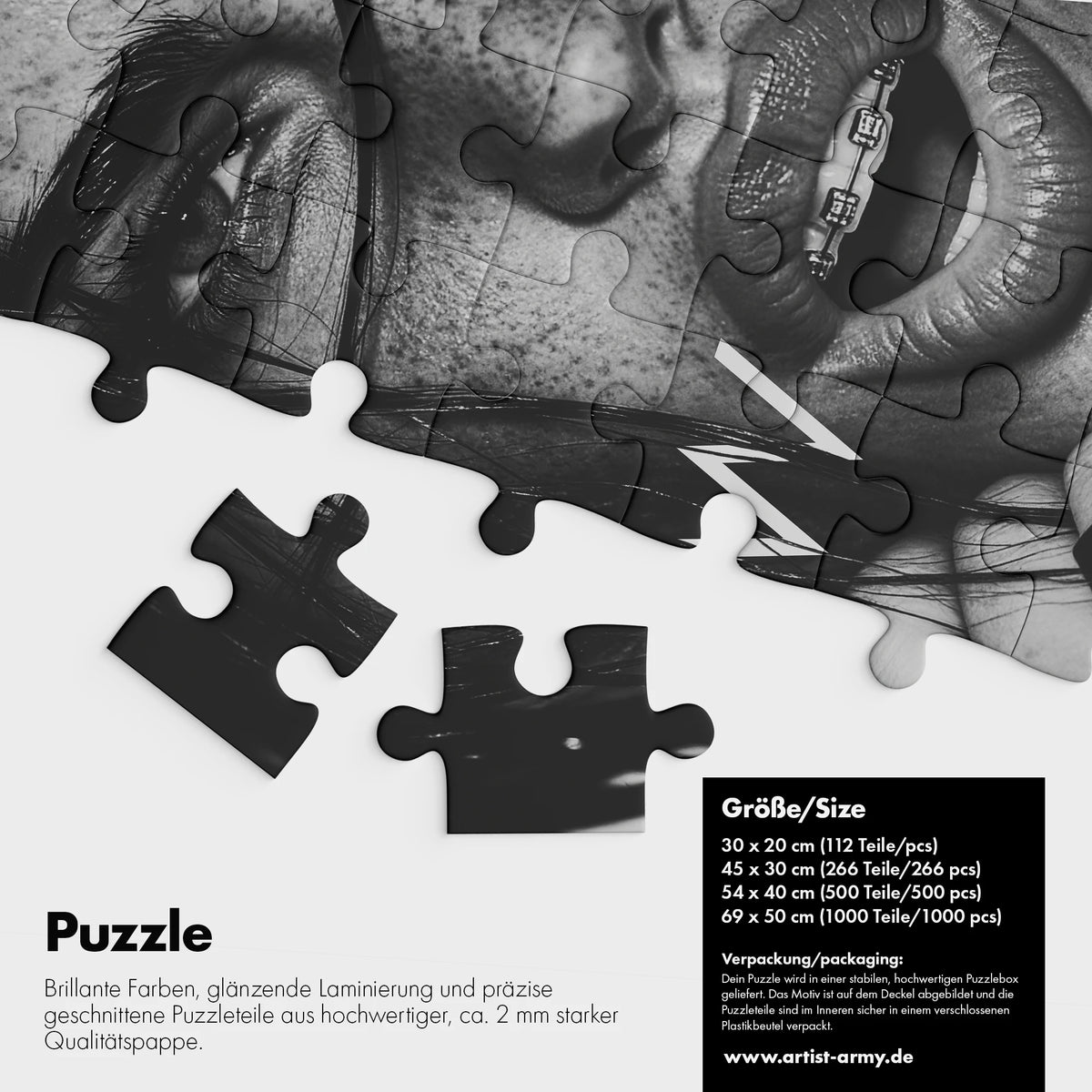 WOW Puzzle Detail mit Schwarz-Weiß Portrait und Puzzleteilen