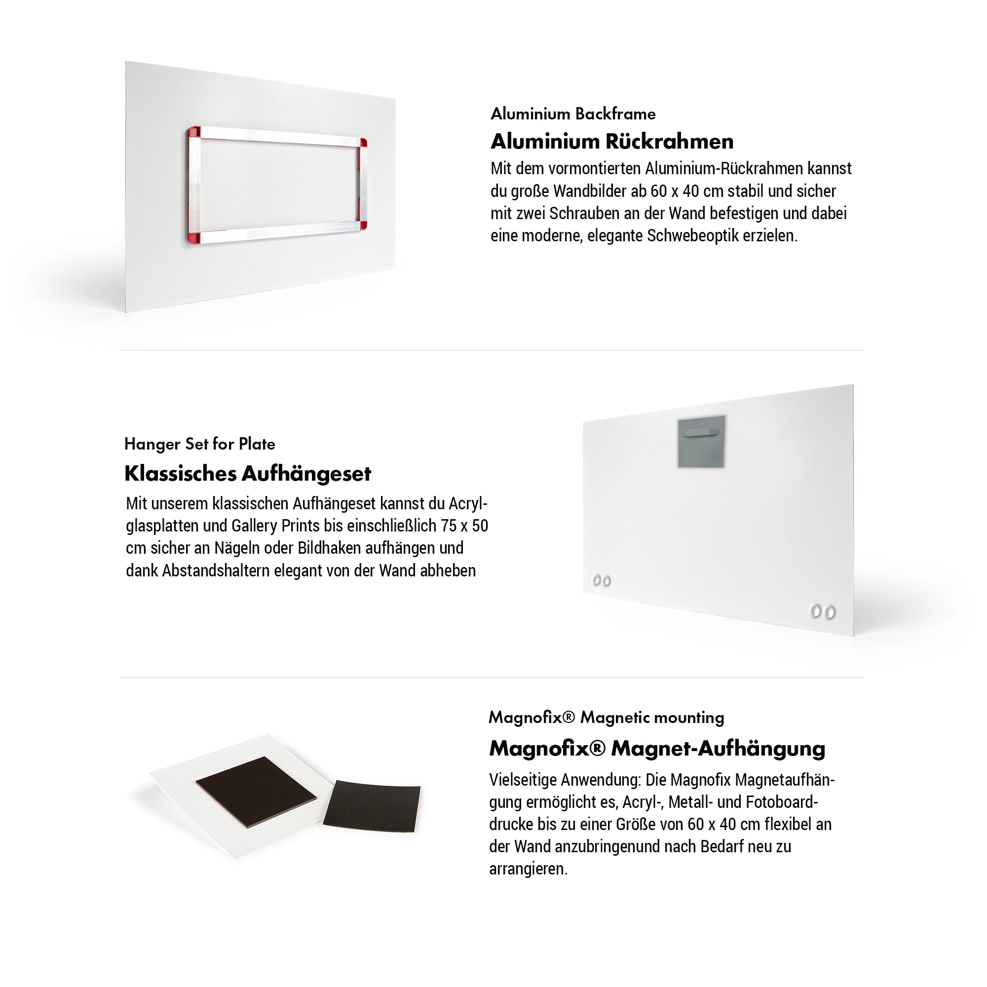 Aufhängesystem für Acrylglasbilder, Alu-Dibond und Gallery Prints