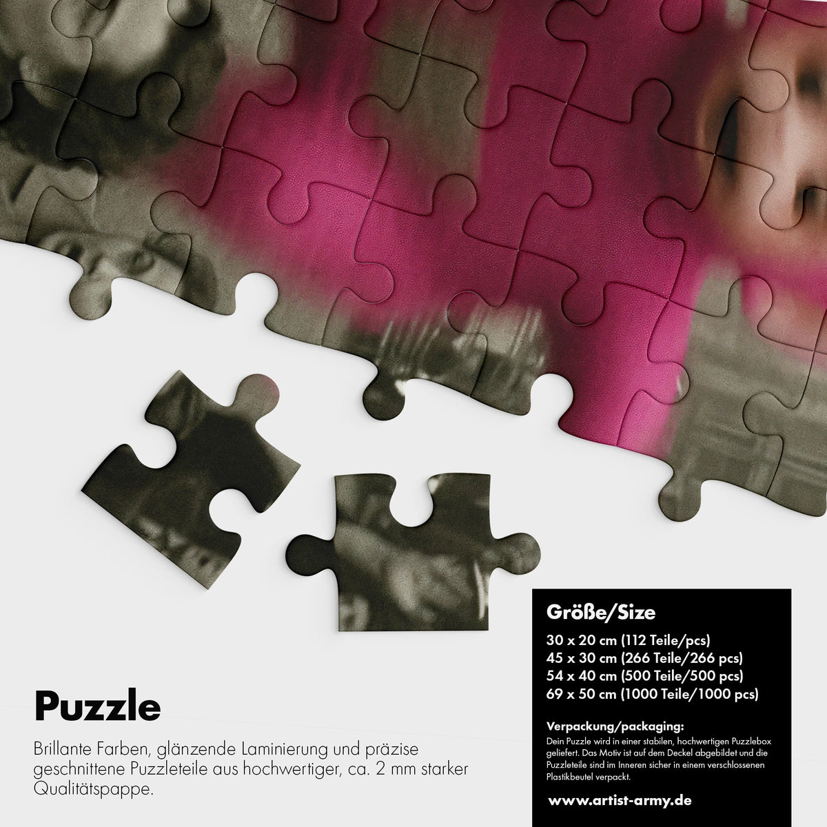 Tinky Winky Puzzle Detailansicht mit pinkfarbenem Retro Motiv