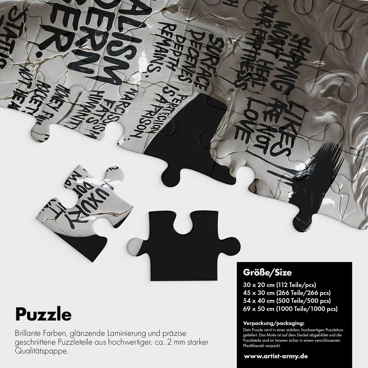 Materialism Is Modern Hunger Puzzle Detail mit Typografie und Puzzleteilen