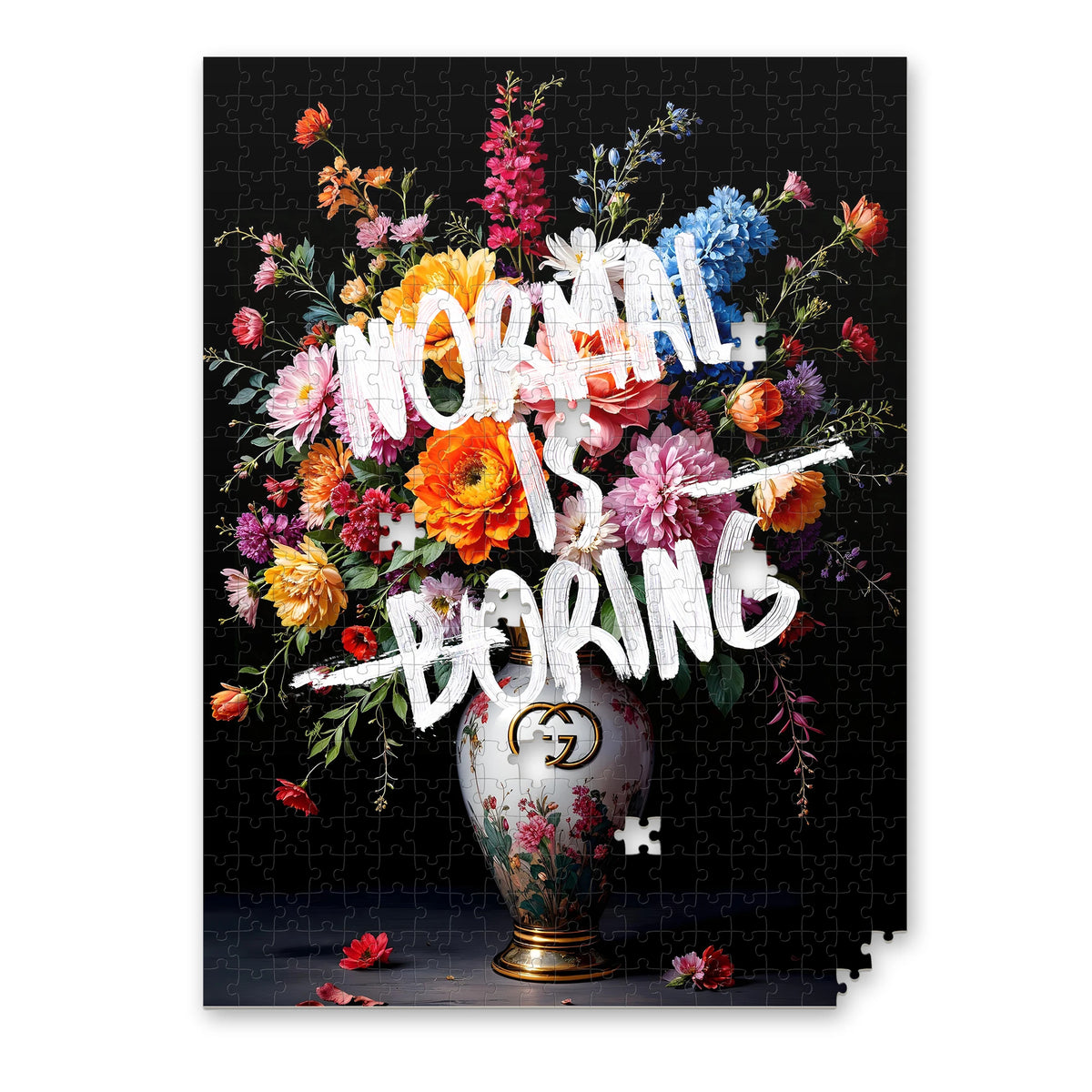Normal Is Boring Puzzle für Erwachsene mit bunten Blumen und Statement Schriftzug