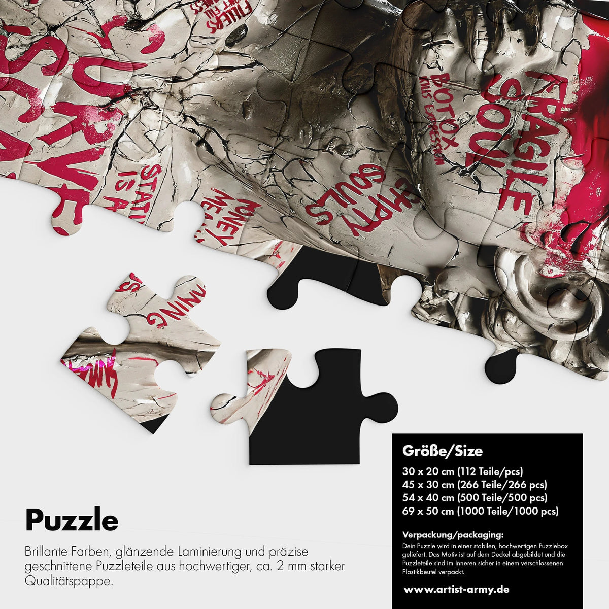 Pretty Hurts Puzzle Detail mit roten Statements und Puzzleteilen