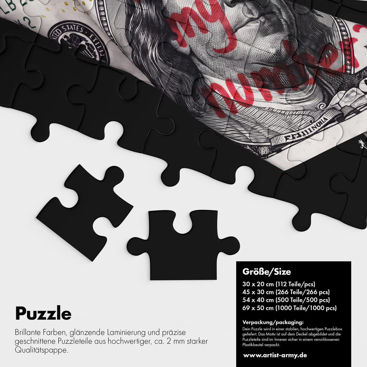 Want My Number Puzzle Detail mit 100-Dollar-Schein und schwarzen Puzzleteilen