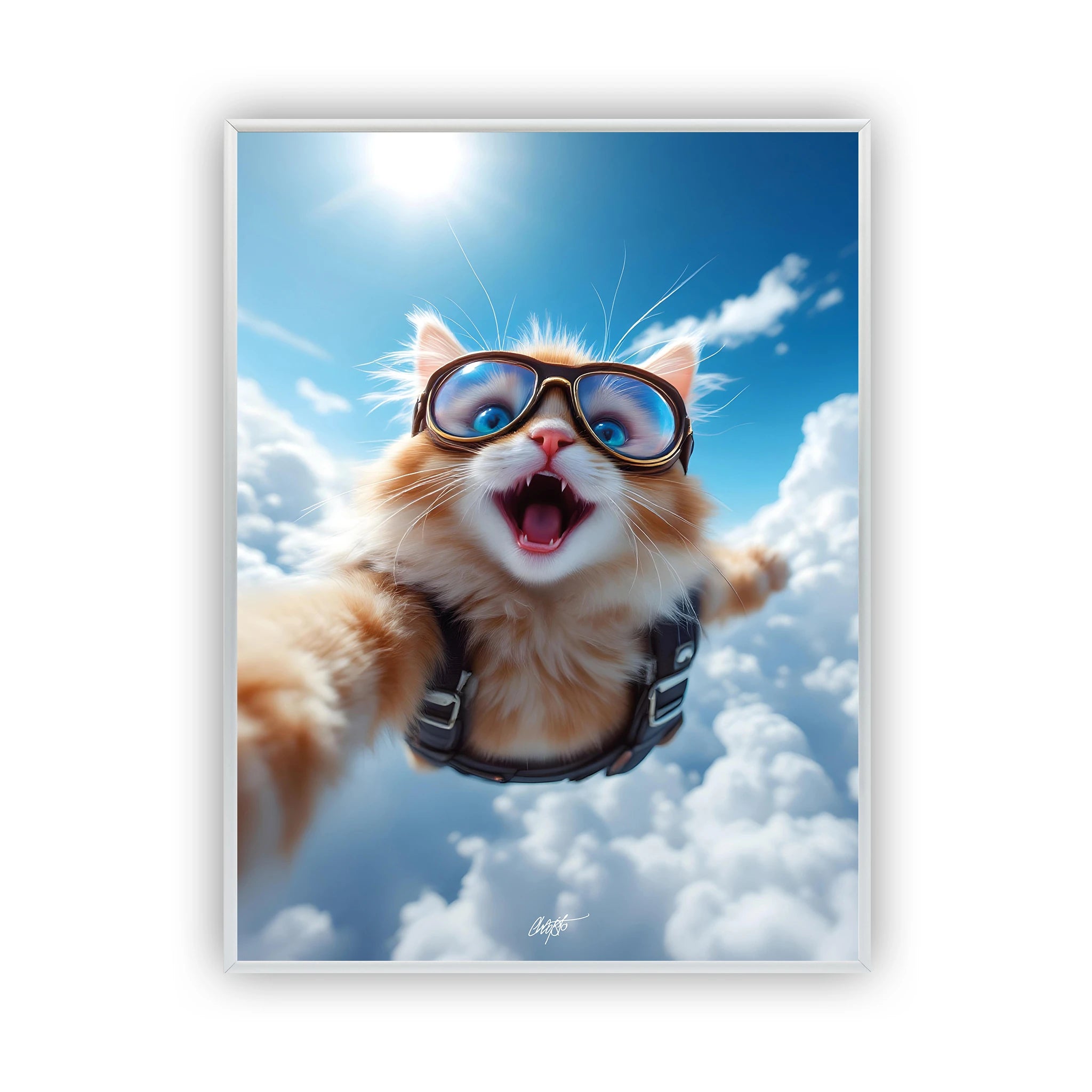 skydive-cat-poster-silver-frame
